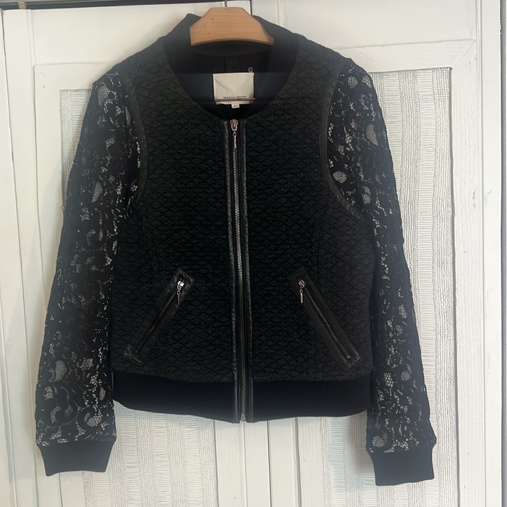 Rebecca Taylor Bomber Lace Leather combination Jacket size 8 - Picture 2 of 5